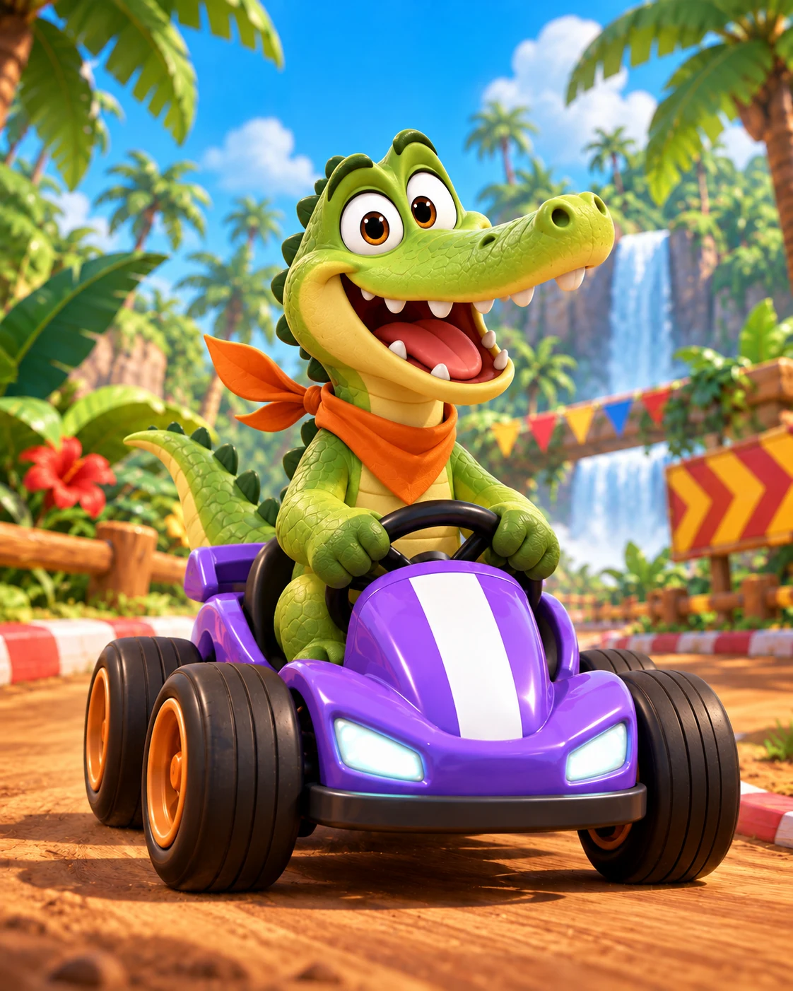 Coco the Crocodile racing a purple kart