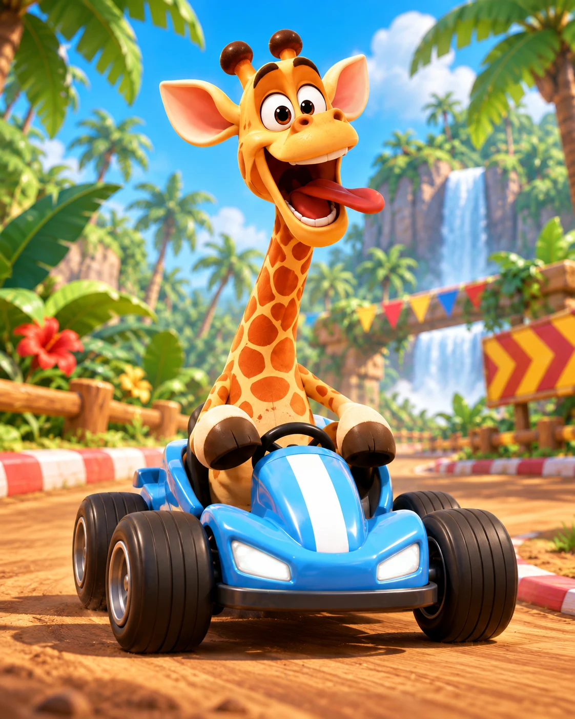 Gigi the Giraffe racing a blue kart