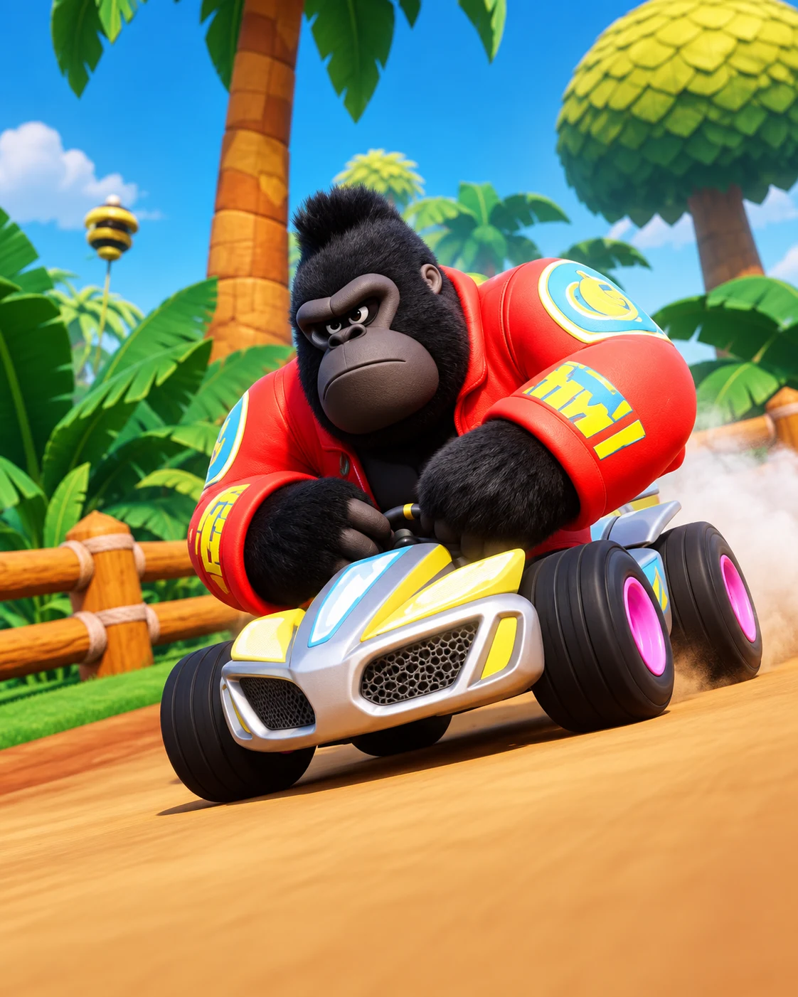 Gus the Gorilla racing a silver kart