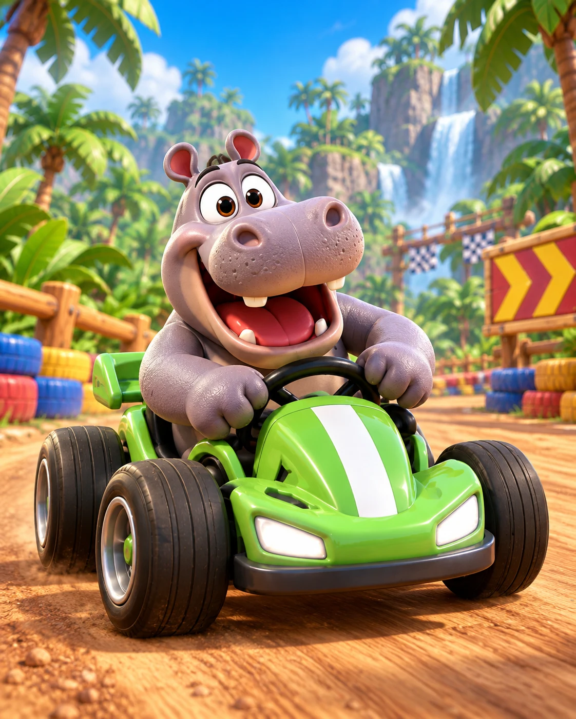 Hugo the Hippo racing a green kart