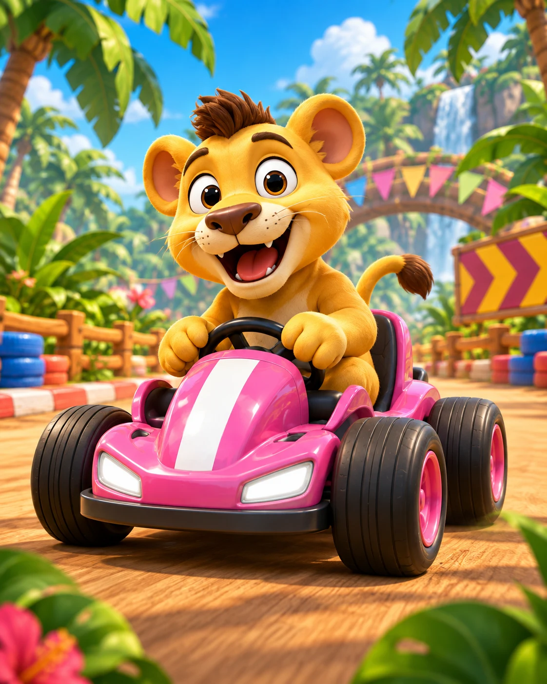 Leo the Lion racing a pink kart