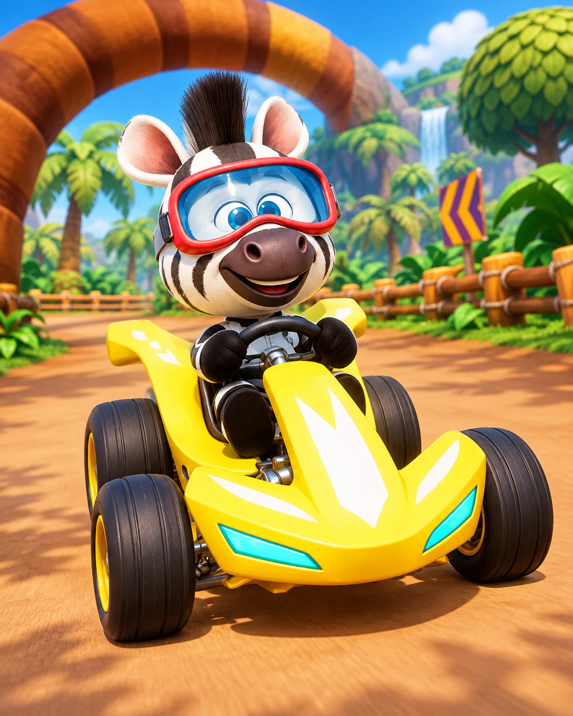 Ziggy the Zebra racing a yellow kart