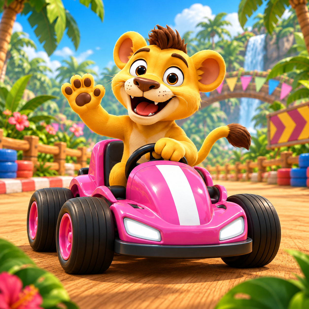 Leo the Lion waving from his pink kart