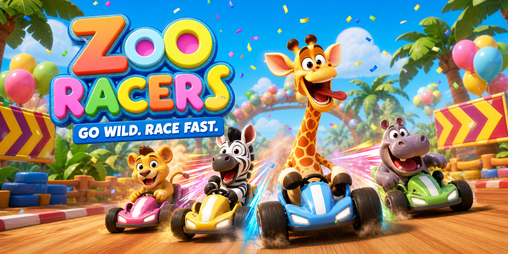 A giraffe, zebra, lion and hippo racing colourful karts on a tropical track